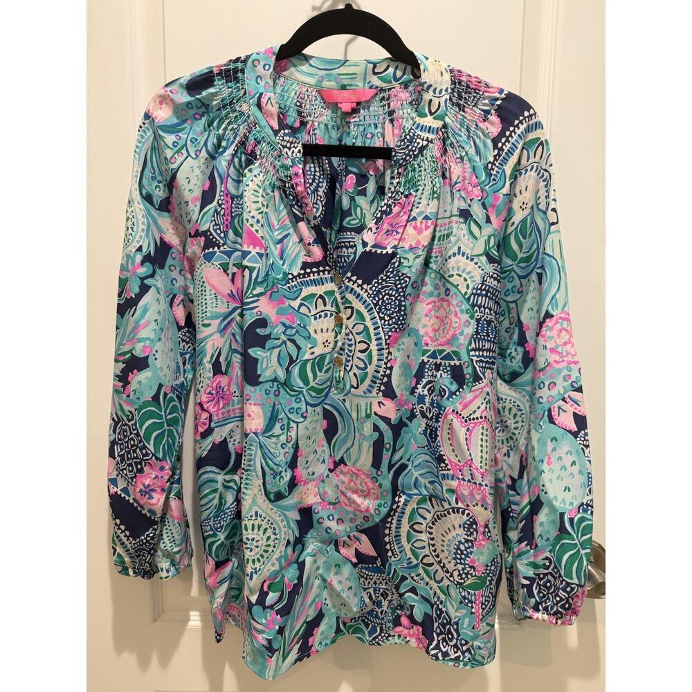 Lilly Pulitzer Women's Blue Pink Floral Print Pullover Top 100% Silk Size Small